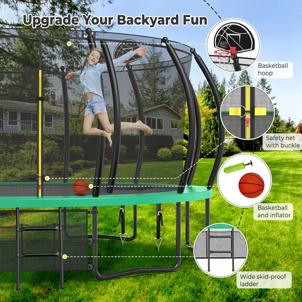 16FT Trampoline with Enclosure, Basketball Hoop, Shoes Bags R357