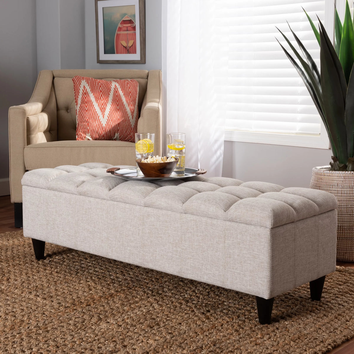 Beige Fabric Upholstered Wood Storage Bench Ottoman O87498
