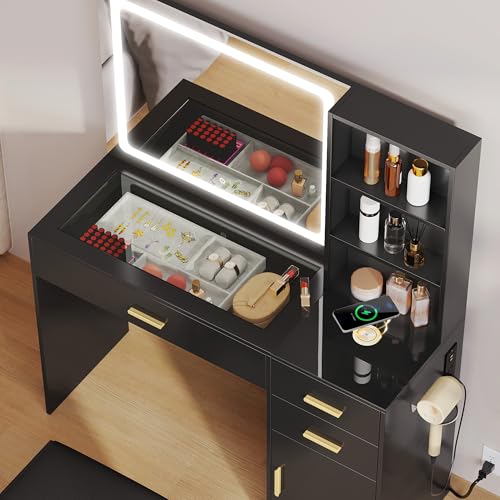 White Vanity Desk with Mirror and Light, 4 Drawers Q390