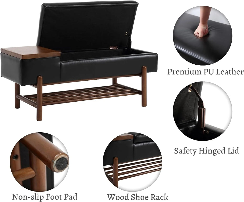 Black Leather Storage Bench with Shoe Rack F4308