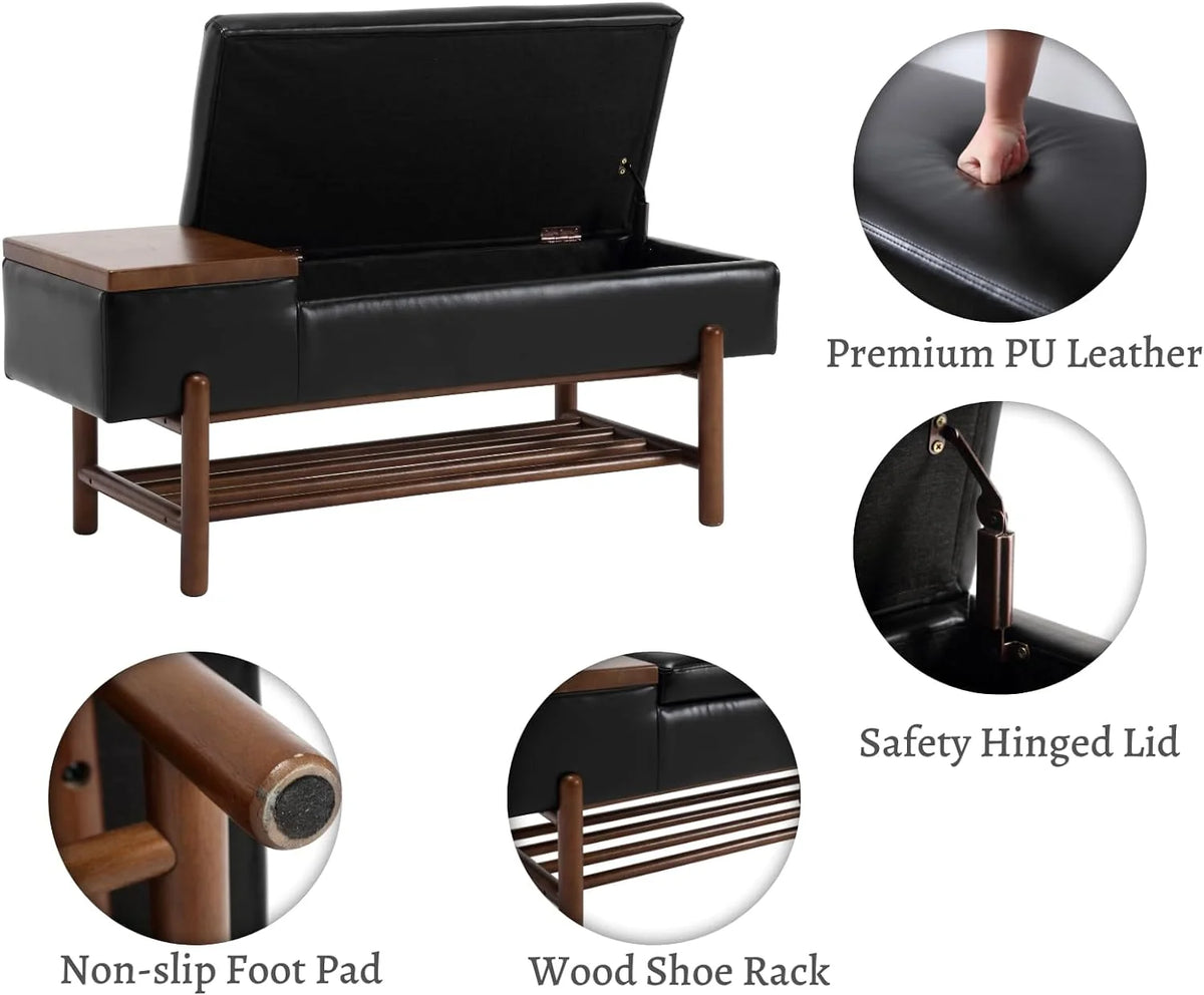 Black Leather Storage Bench with Shoe Rack F4308