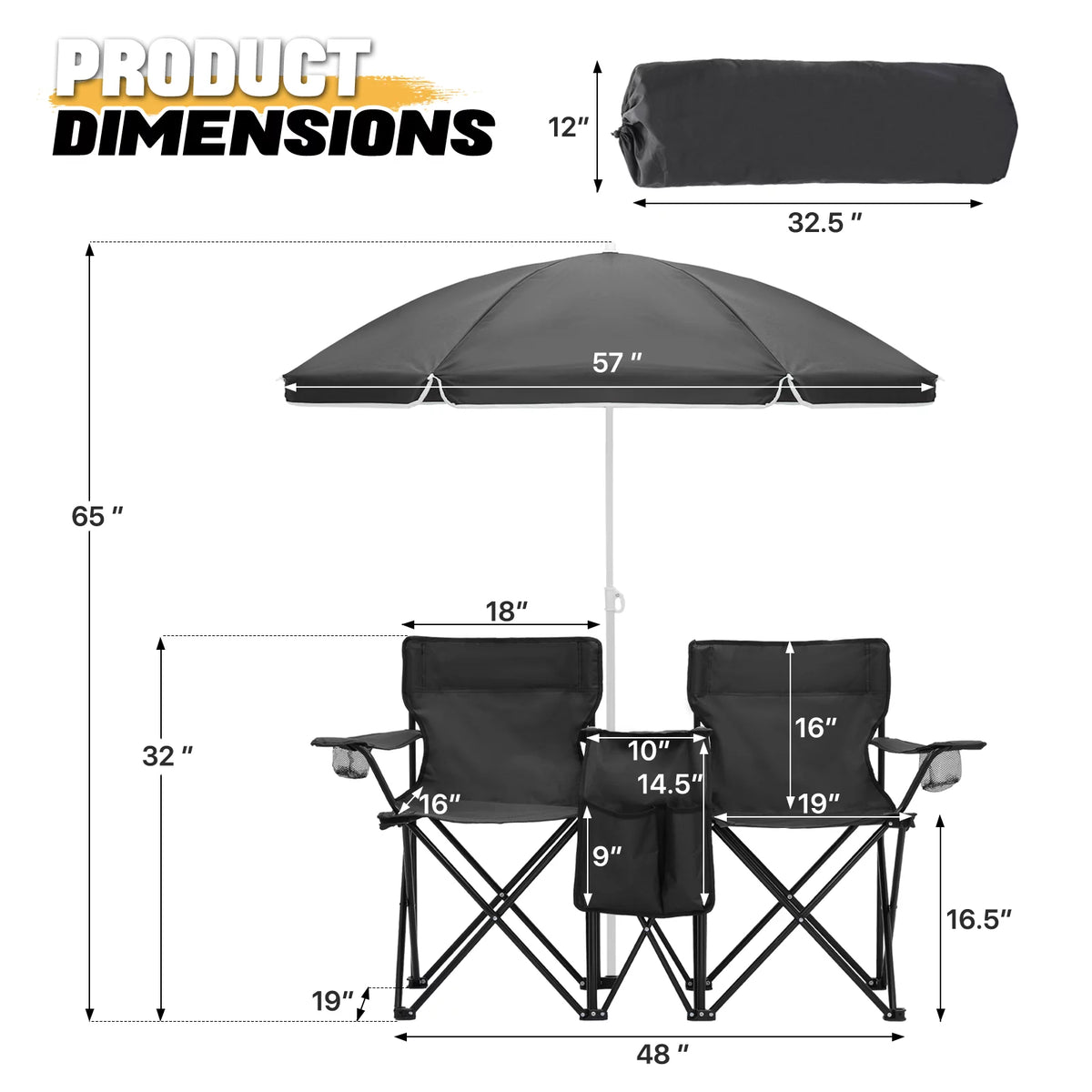 Portable Double Folding Chair with Umbrella, Cooler Bag & Carry Bag, Black U41198