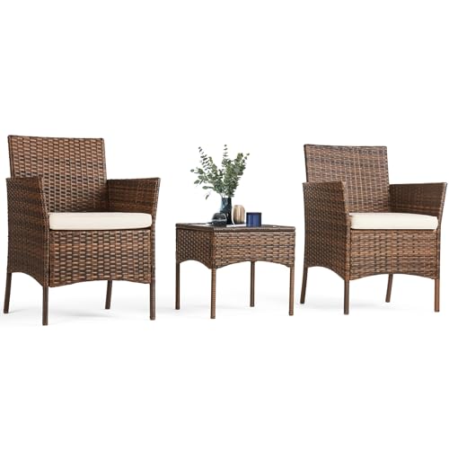 3 Pieces Wicker Rattan Patio Furniture Set with Cushion and Glass Table C818986