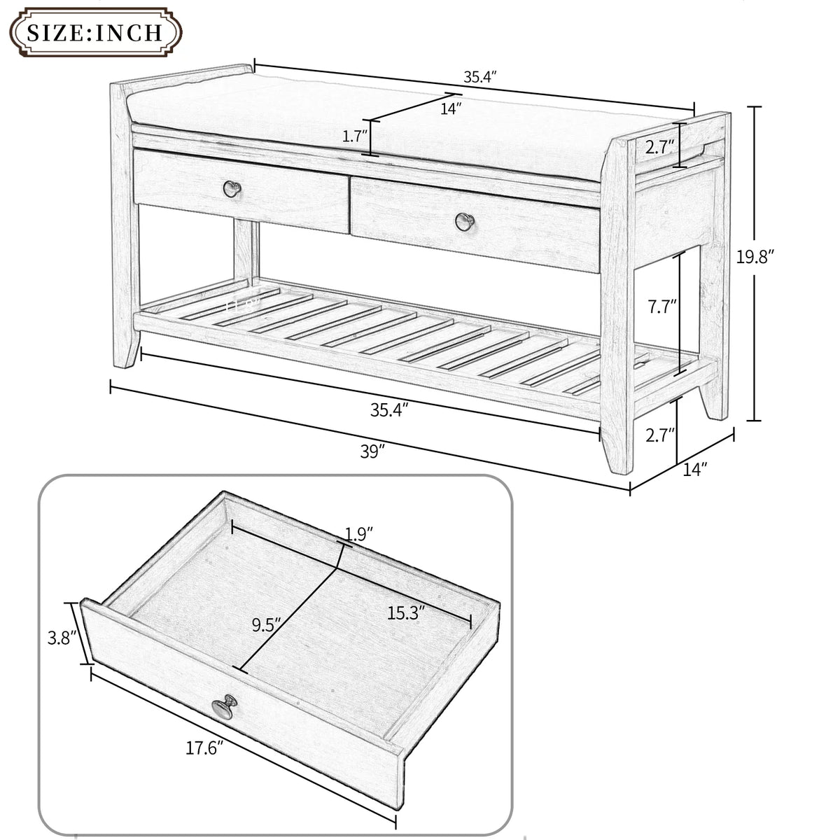 White Shoe Rack with Cushioned Seat and Drawers R30156