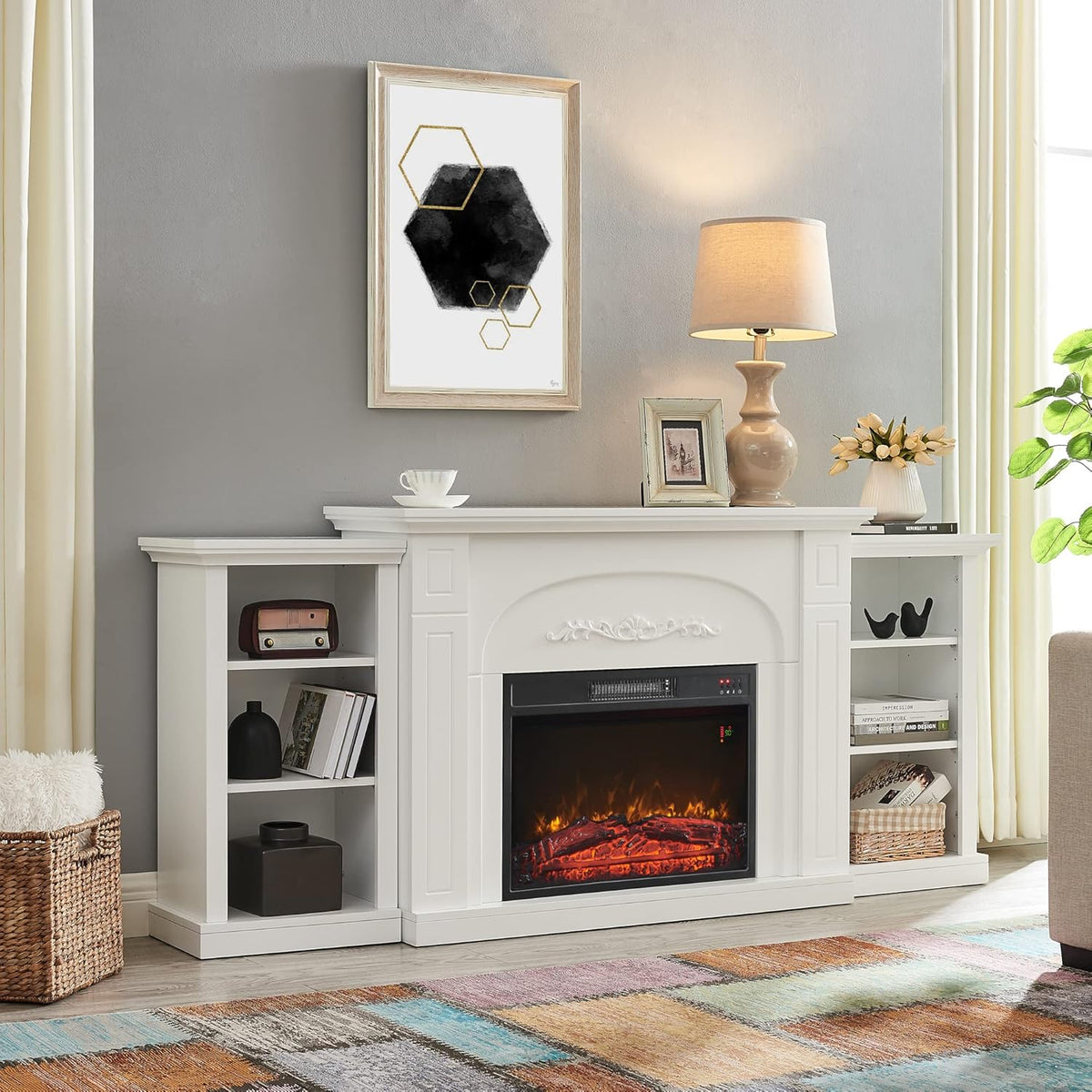 White Electric Fireplace with Mantel and Shelves L395