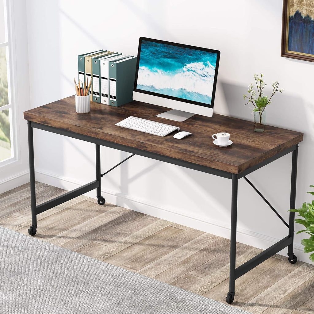 55 Inch Solid Wood Computer Desk with Lockable Casters F623626