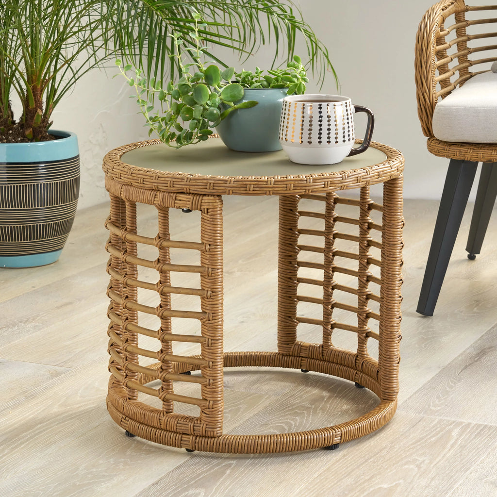 Light Brown Wicker Side Table with Tempered Glass Top F761729