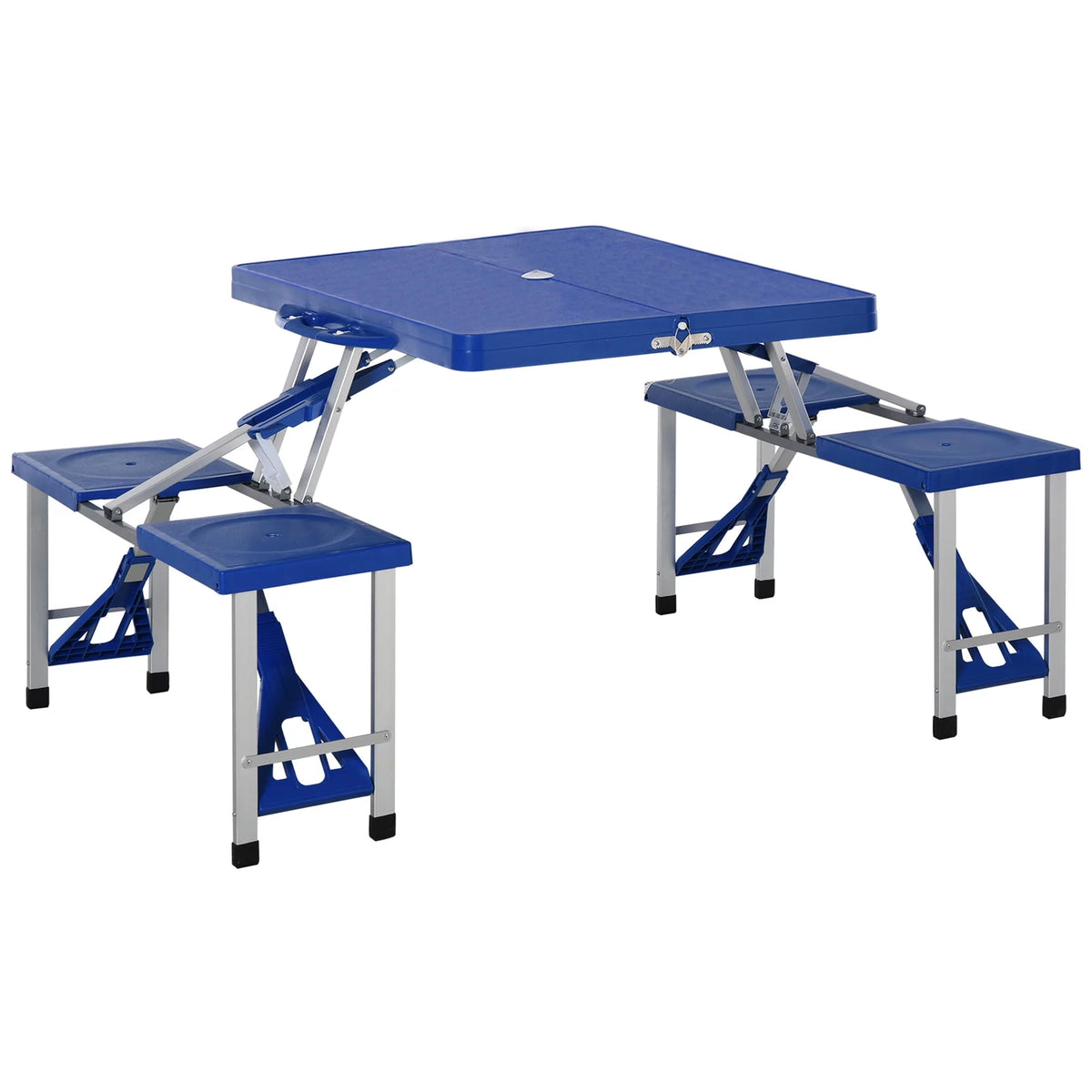 Blue 4-Person Foldable Camping Picnic Table with Seats and Umbrella Hole F138
