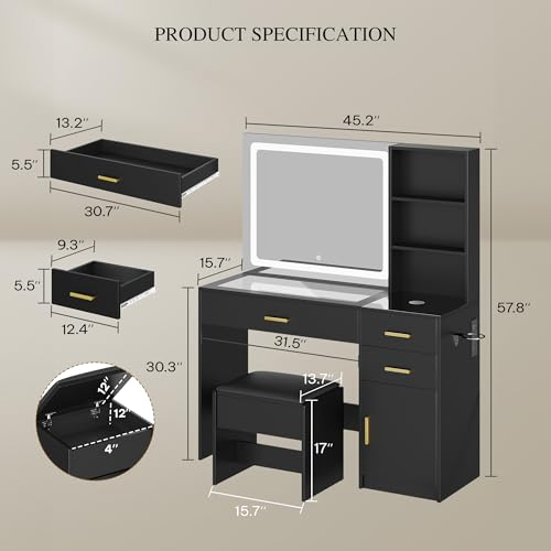 White Vanity Desk with Mirror and Light, 4 Drawers Q390