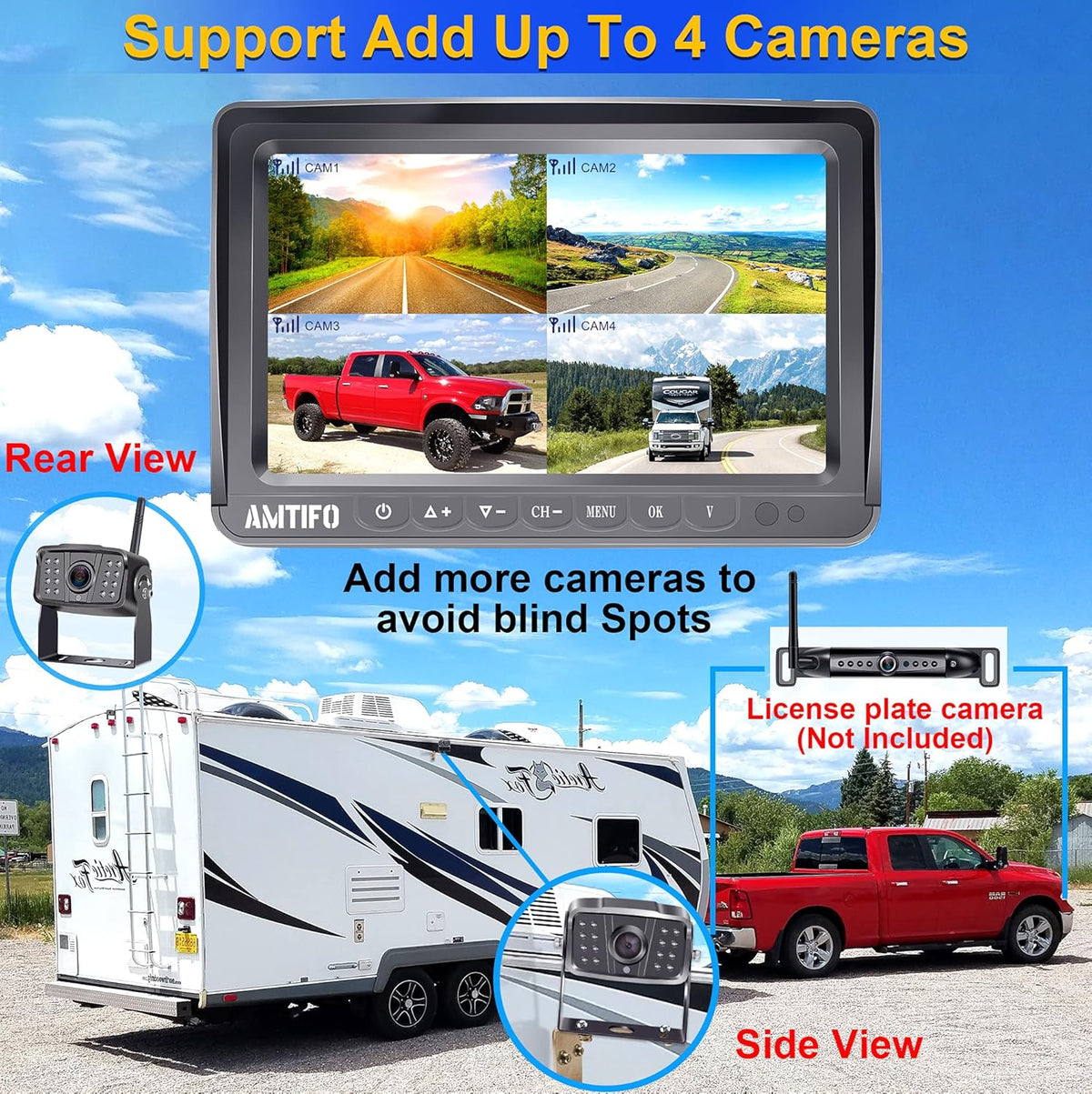 Wireless Backup Camera HD 1080P Dual Rear View Cameras System with 7 Inch DVR Monitor D8395