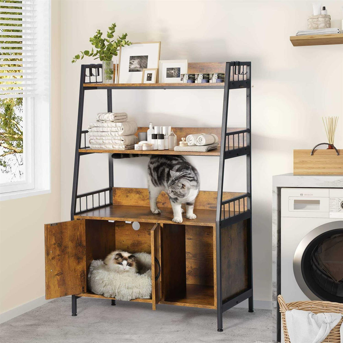 Large Wooden Cat Litter Box Enclosure with Storage Shelves A290