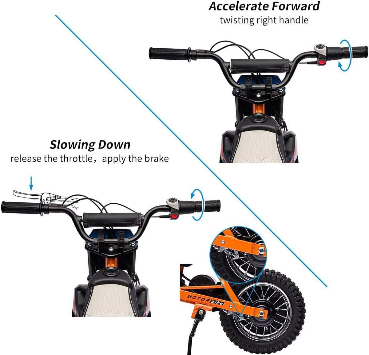 24V Electric Off-Road Motorcycle 250W Motor 13.6MPH Fast Speed Motocross Leather Seat Dirt Bike Twist Grip Throttle Metal Suspension Air-Filled Tires for Kids Teens Age 13+ Blue S78307