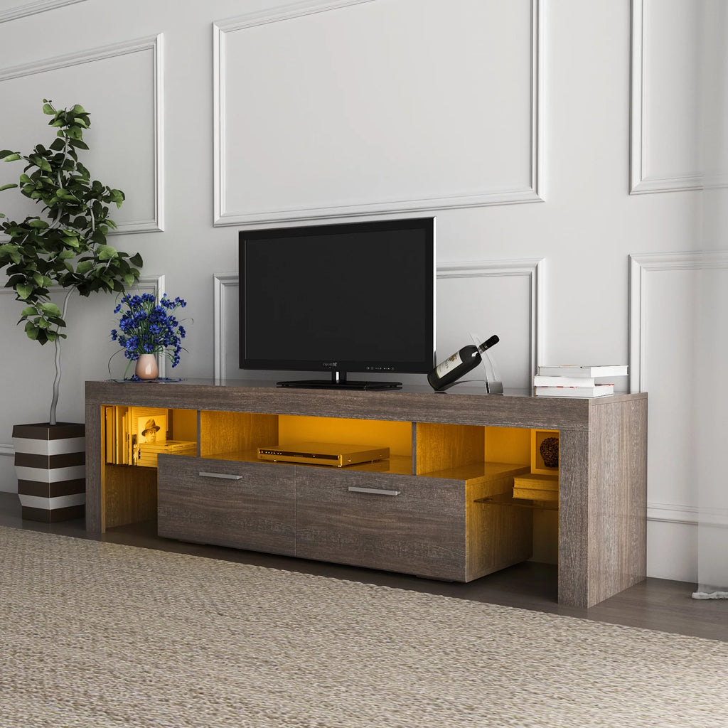Modern LED TV Stand with 2 Drawers and Glass Shelf E463