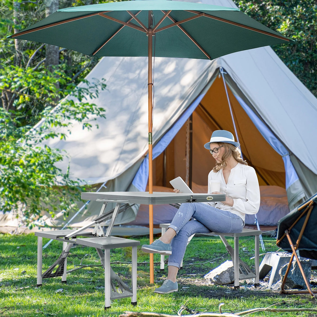 Blue 4-Person Foldable Camping Picnic Table with Seats and Umbrella Hole F138