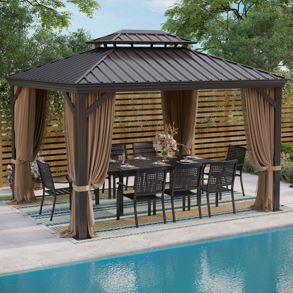 12' x 16' Hardtop Aluminum Gazebo Canopy with Netting & Curtains T46391