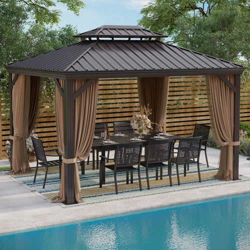12' x 16' Hardtop Aluminum Gazebo Canopy with Netting & Curtains T46391