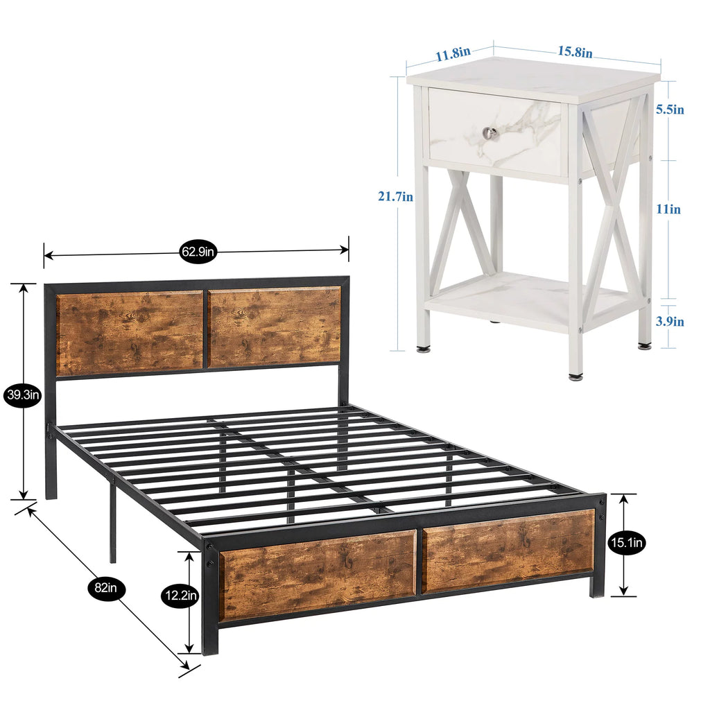 3-Piece Bedroom Set with Queen Size Bed Frame and Nightstands I9385