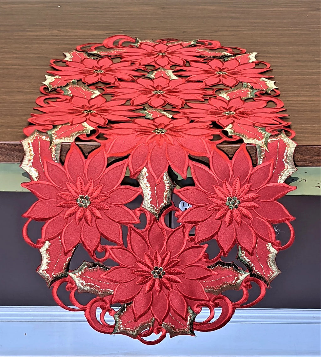 Christmas Table Runner with Red Cutwork Poinsettias, 34 x 15 inches T278