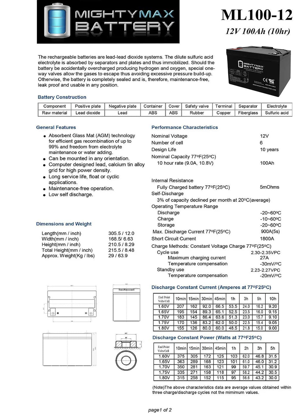 12V 100Ah SLA AGM Battery Z7299