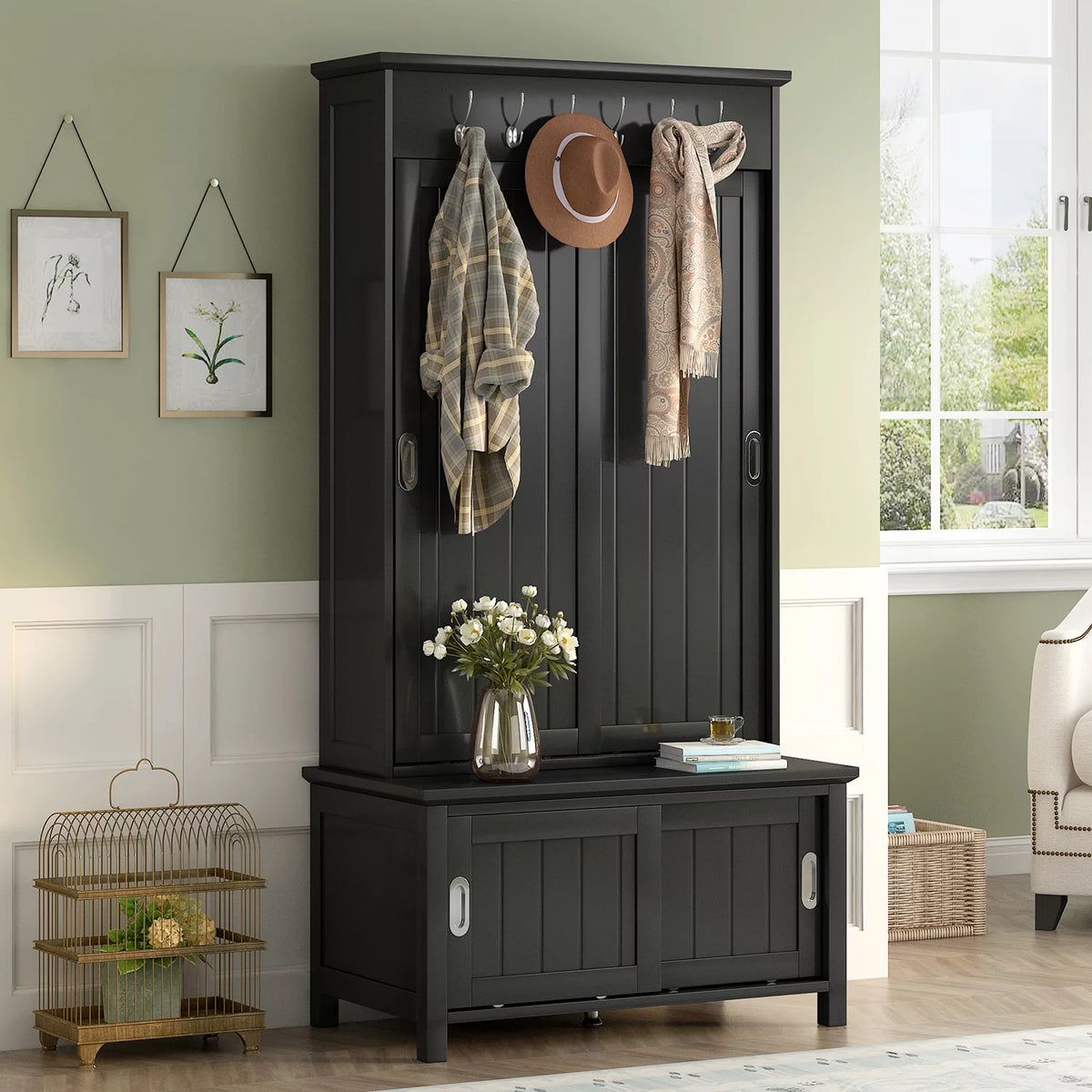 Black Wooden Hall Tree with Bench and Shoe Storage X1396