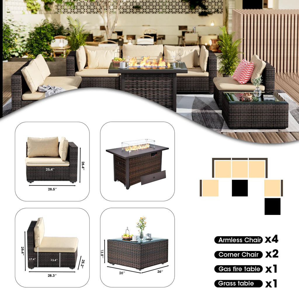 8 Pieces All Weather Wicker Sectional Sofa with Black-Glass Table K1017