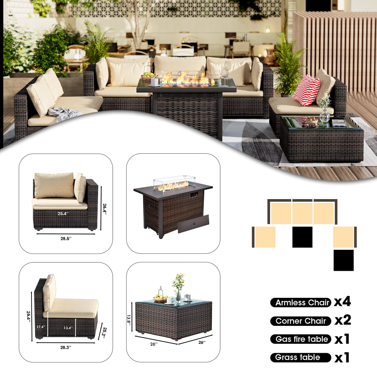 8 Pieces All Weather Wicker Sectional Sofa with Black-Glass Table K1017