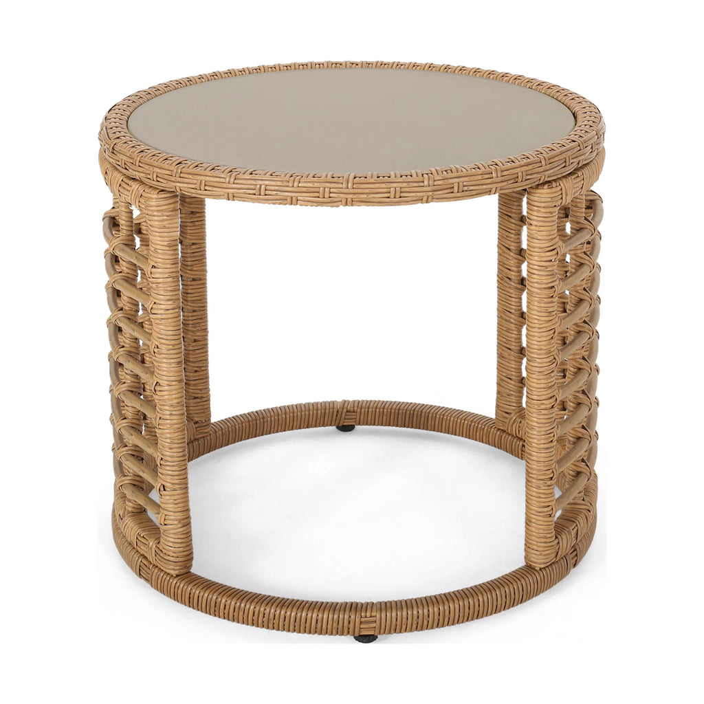 Light Brown Wicker Side Table with Tempered Glass Top F761729