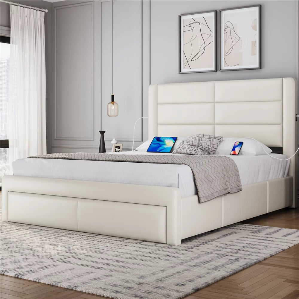 Beige Upholstered Platform Full Bed with 3 Storage Drawers Q6343