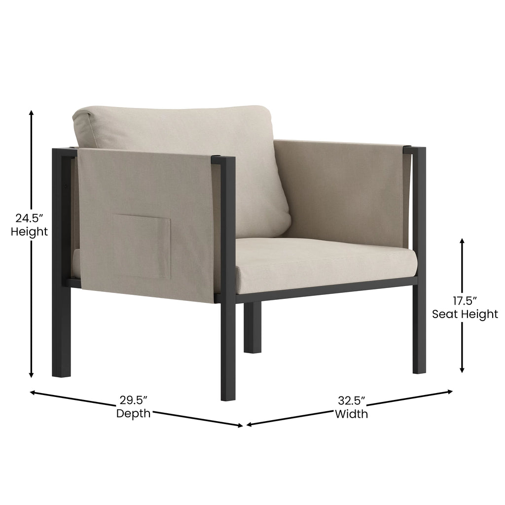 Black Steel Framed Club Chair with Beige Cushions and 2 Storage Pockets H7670
