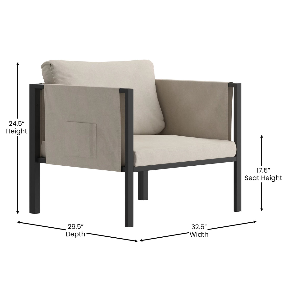 Black Steel Framed Club Chair with Beige Cushions and 2 Storage Pockets H7670