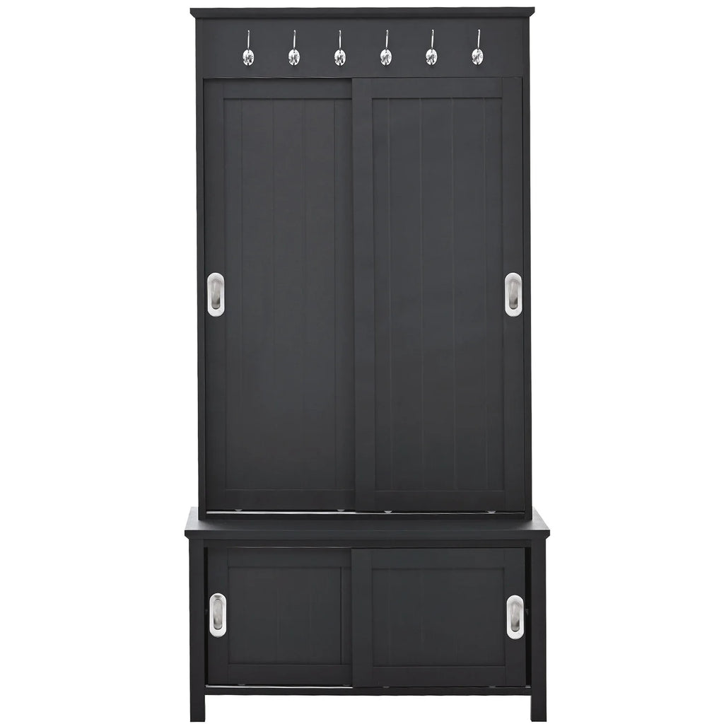 Black Wooden Hall Tree with Bench and Shoe Storage X1396