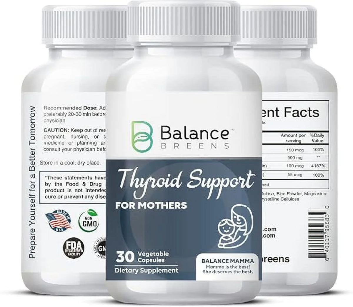 Thyroid Support Supplement with Iodine, L-Tyrosine, Vitamin B12, Selenium - 30 Vegetable Capsules U389