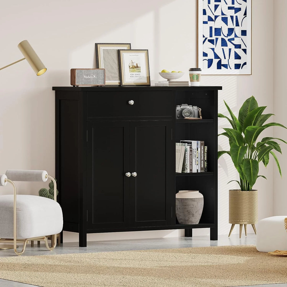 Black Freestanding Bathroom Cabinet with Drawer and Adjustable Shelf B266100
