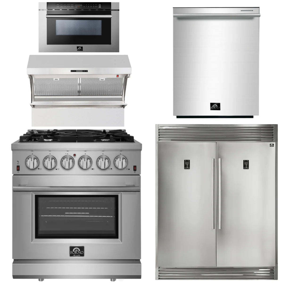 30 Inch Gas Range, Wall Mount Range Hood, Refrigerator, Microwave Drawer, Dishwasher A35736