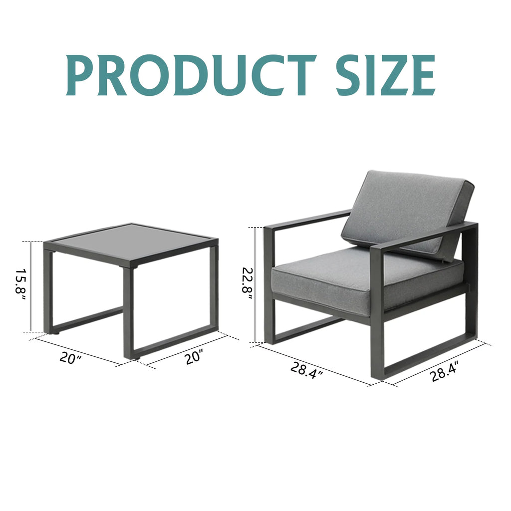 3 Pcs Aluminum Frame Patio Chairs Conversation Set with Coffee Table, Gray A9996