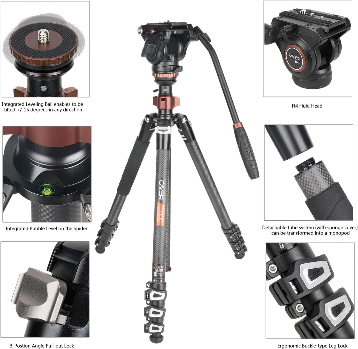 67 inches Carbon Fiber 4-Section Video Tripod with Fluid Drag Head O2565