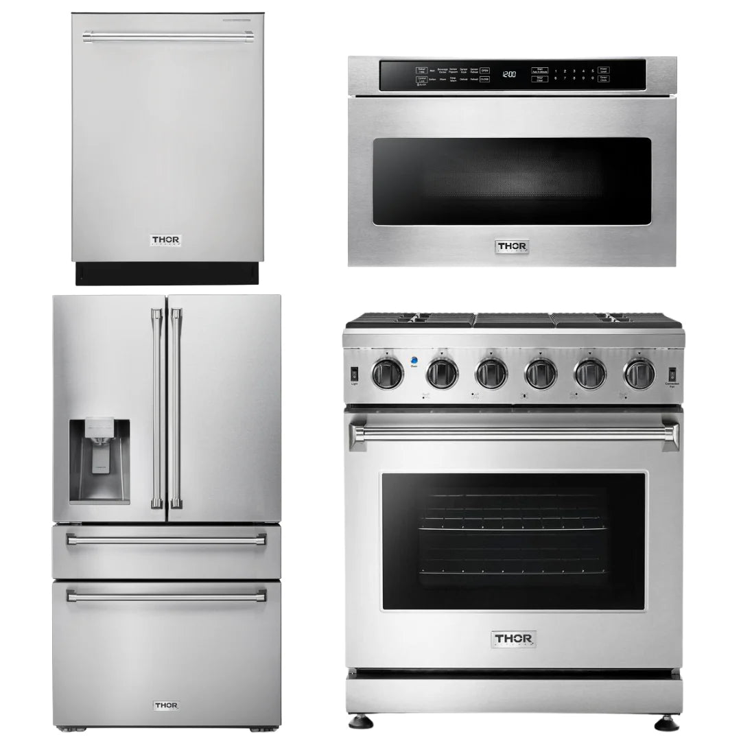 30 Propane Gas Range, Microwave, Refrigerator with Water and Ice Dispenser, Dishwasher L3453