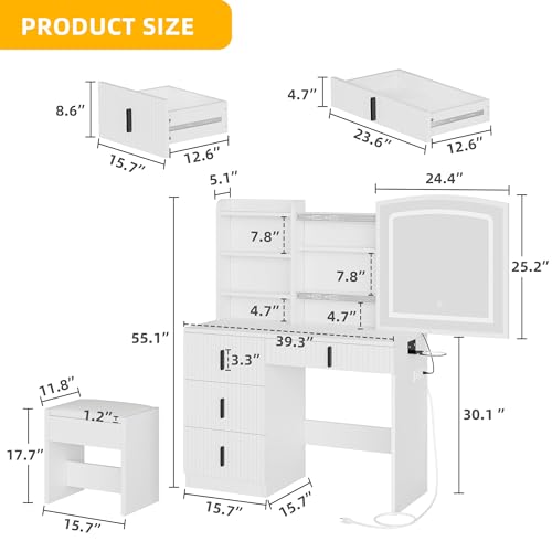 White Vanity Desk with Mirror and Light, 4 Drawers Q390