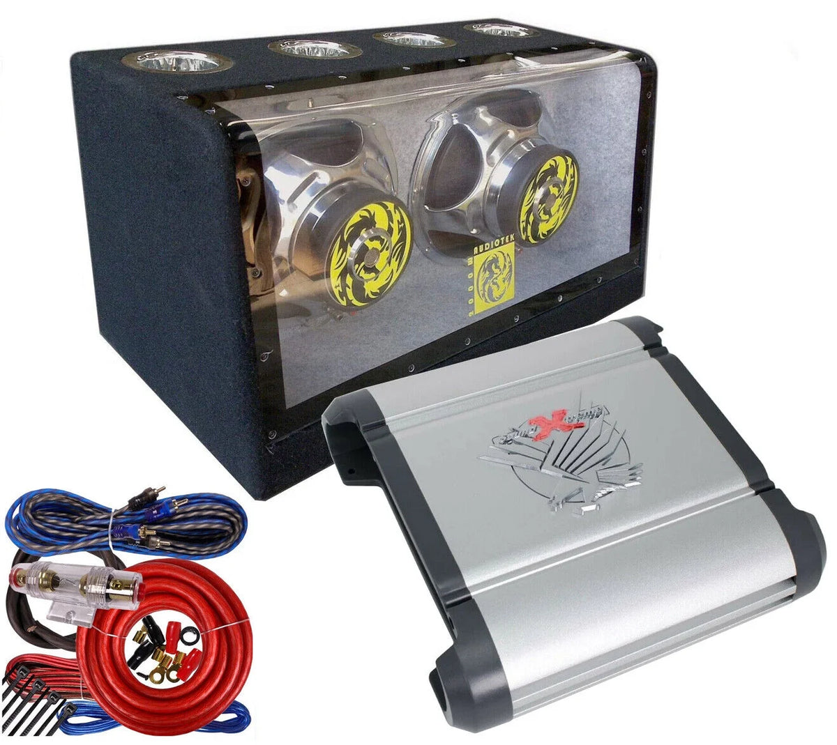 12" 2000W Bandpass Bass Box + Car Audio Amplifier + Kit Bundle F7849