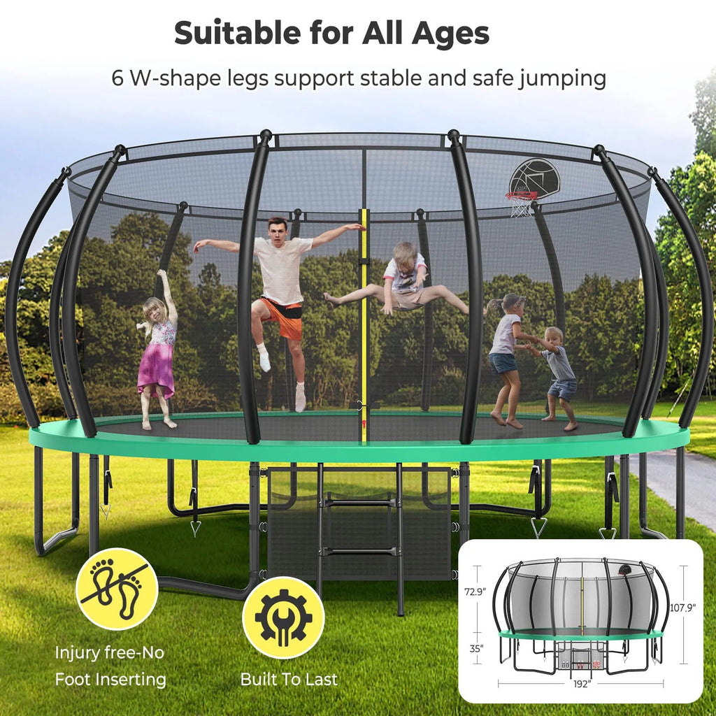 16FT Trampoline with Enclosure, Basketball Hoop, Shoes Bags R357