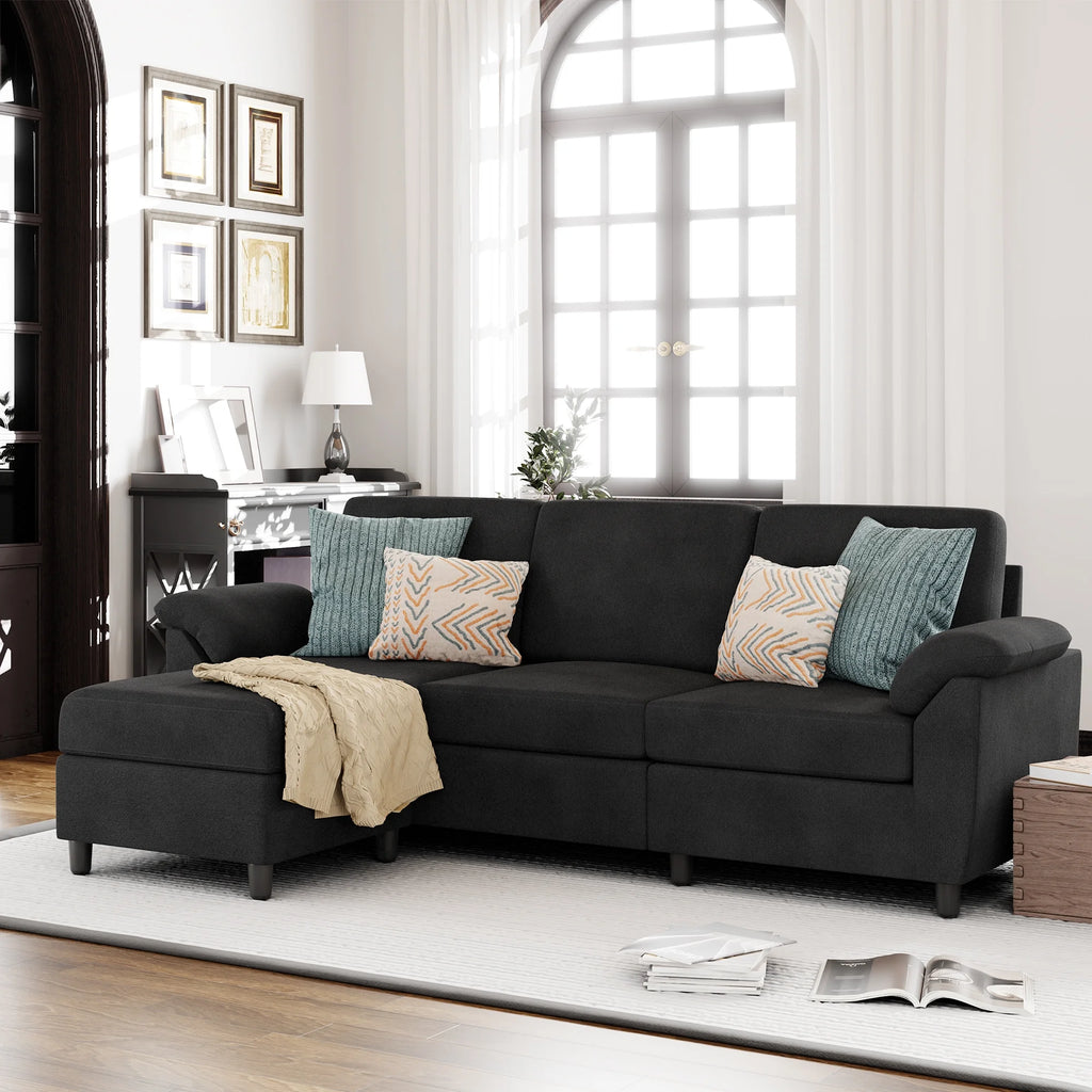79" Convertible Sectional Sofa Couch, Linen Fabric L Shaped Sofa with Removable Pillows Black V6417