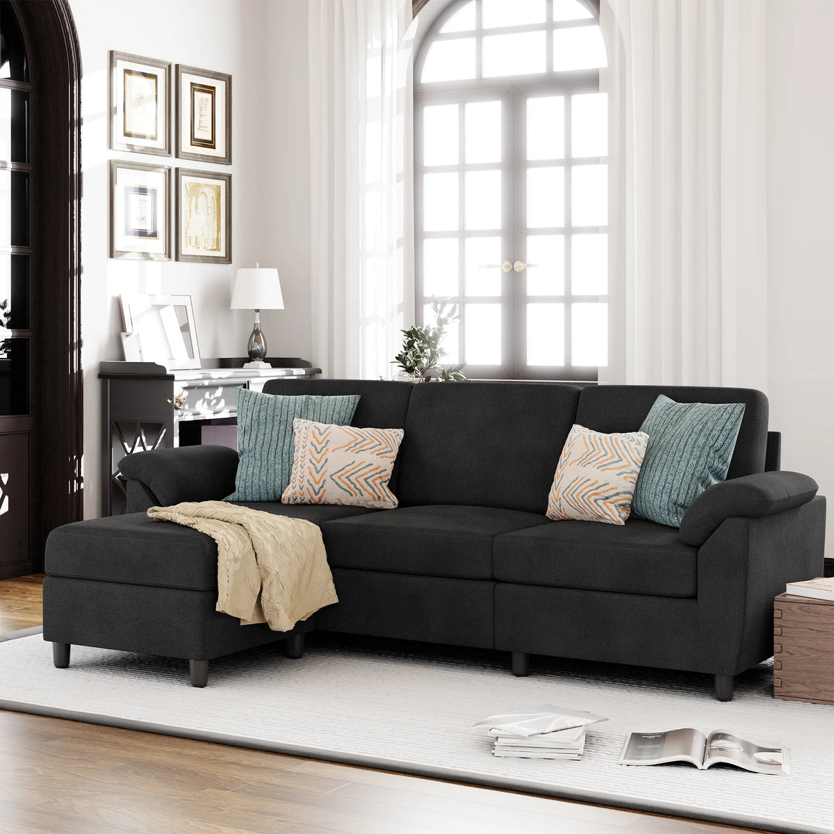 79" Convertible Sectional Sofa Couch, Linen Fabric L Shaped Sofa with Removable Pillows Black V6417
