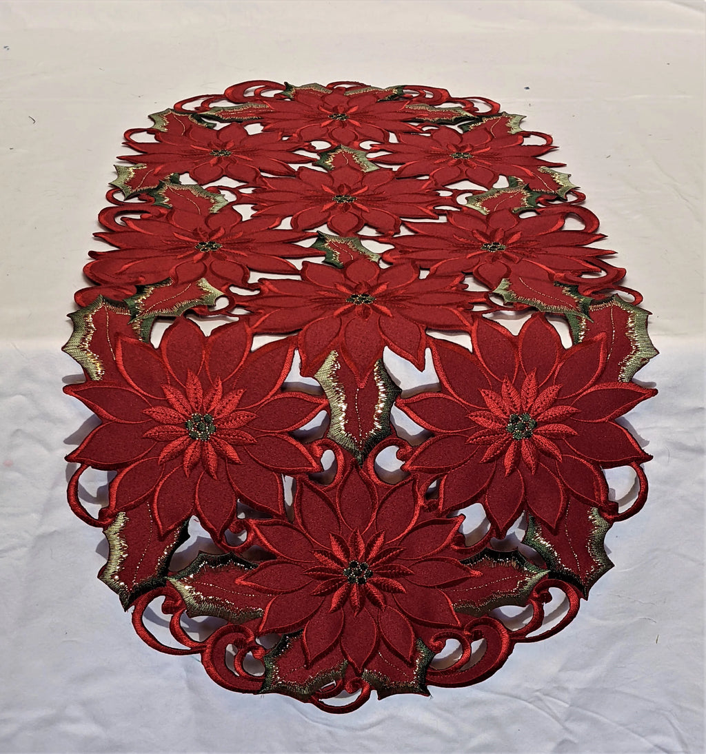 Christmas Table Runner with Red Cutwork Poinsettias, 34 x 15 inches T278