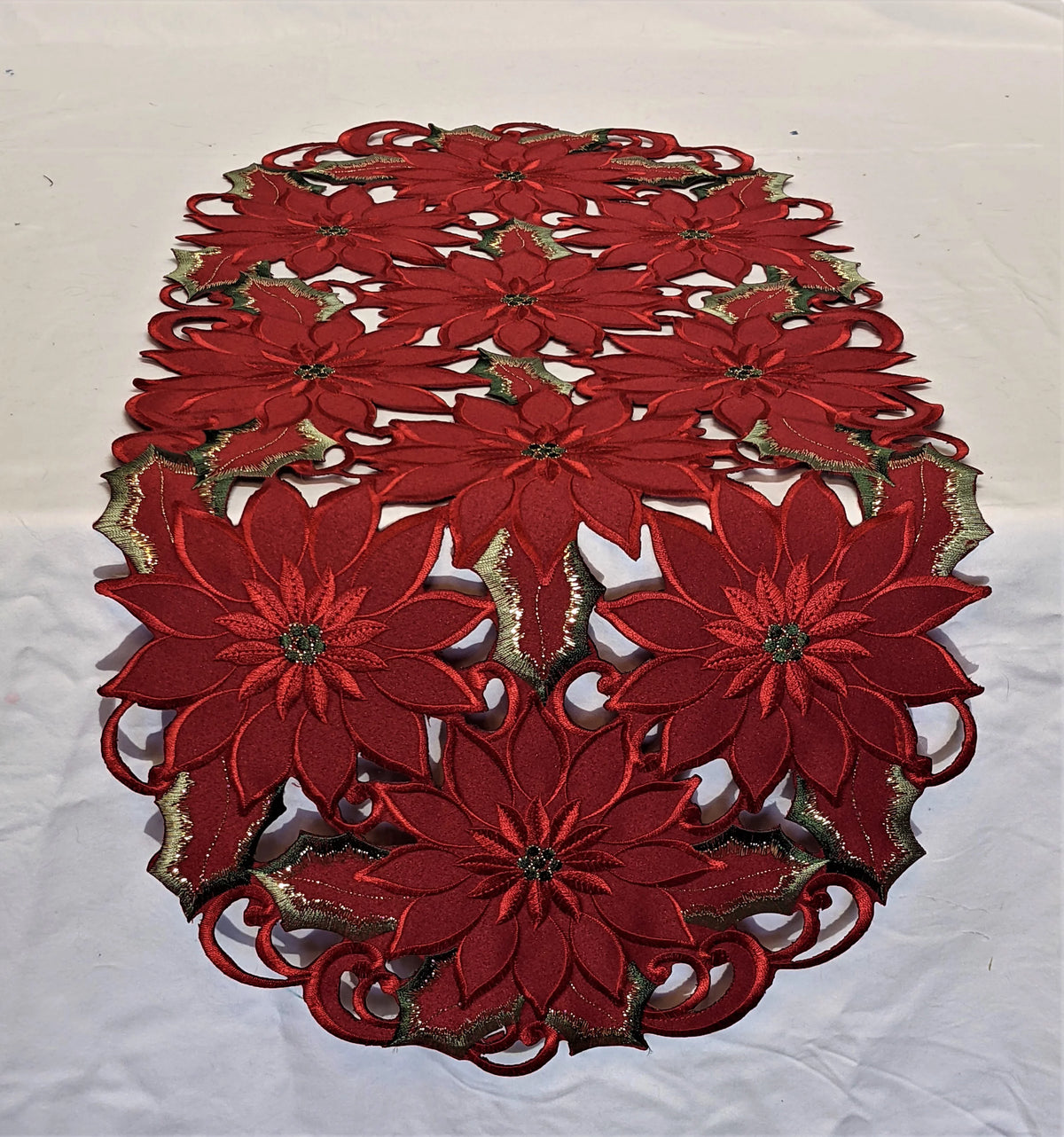 Christmas Table Runner with Red Cutwork Poinsettias, 34 x 15 inches T278
