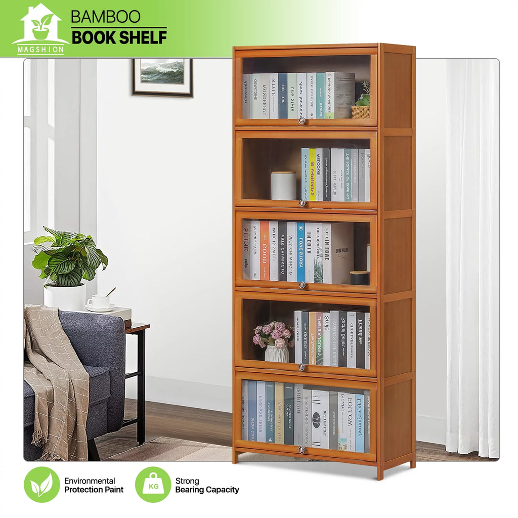 Bamboo Acrylic 5 Shelves Bookcase with Door T341896