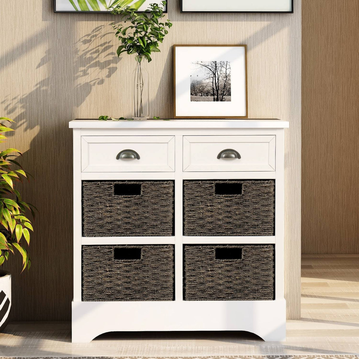 Rustic Storage Cabinet with 2 Drawers and 4 Fabric Basket J8062