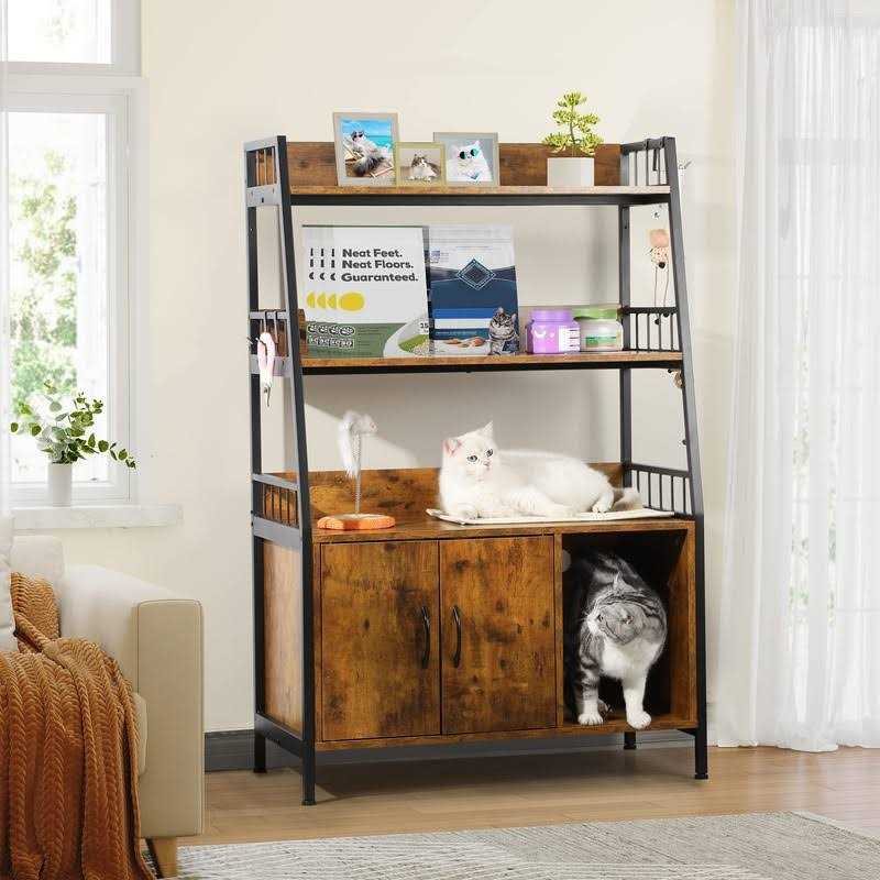 Large Wooden Cat Litter Box Enclosure with Storage Shelves A290