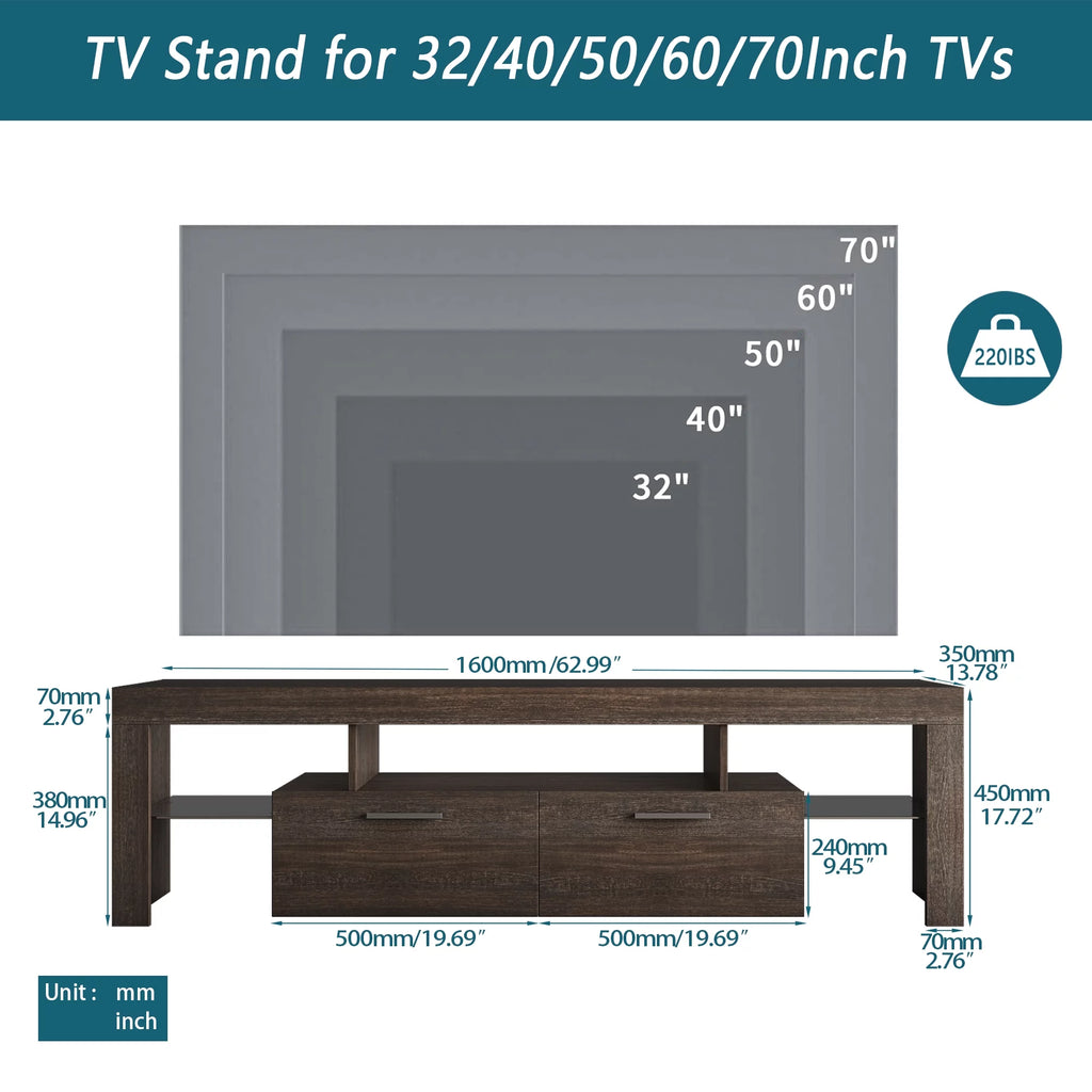 Modern LED TV Stand with 2 Drawers and Glass Shelf E463