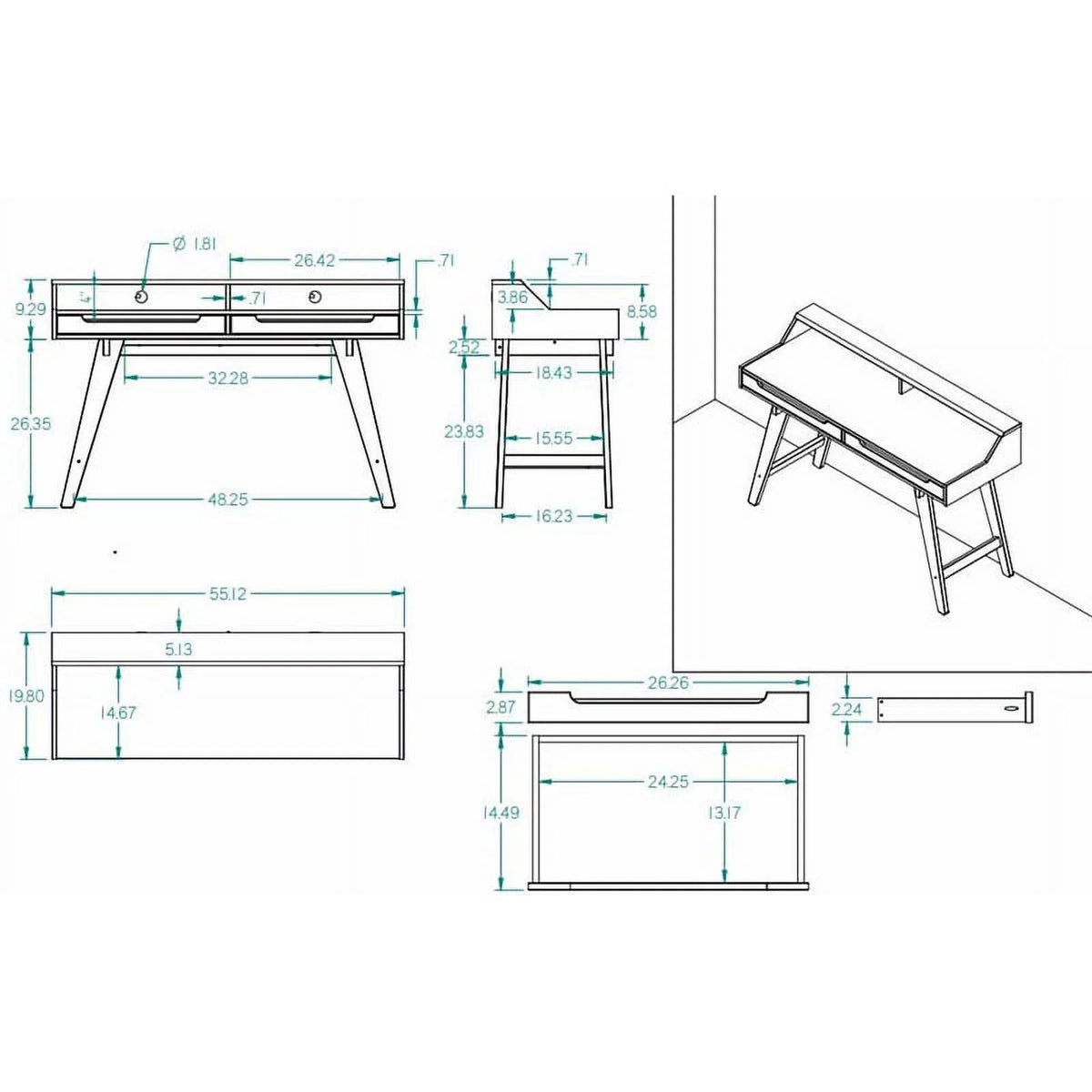 Modern Wood Two Drawer Desk in White Q408