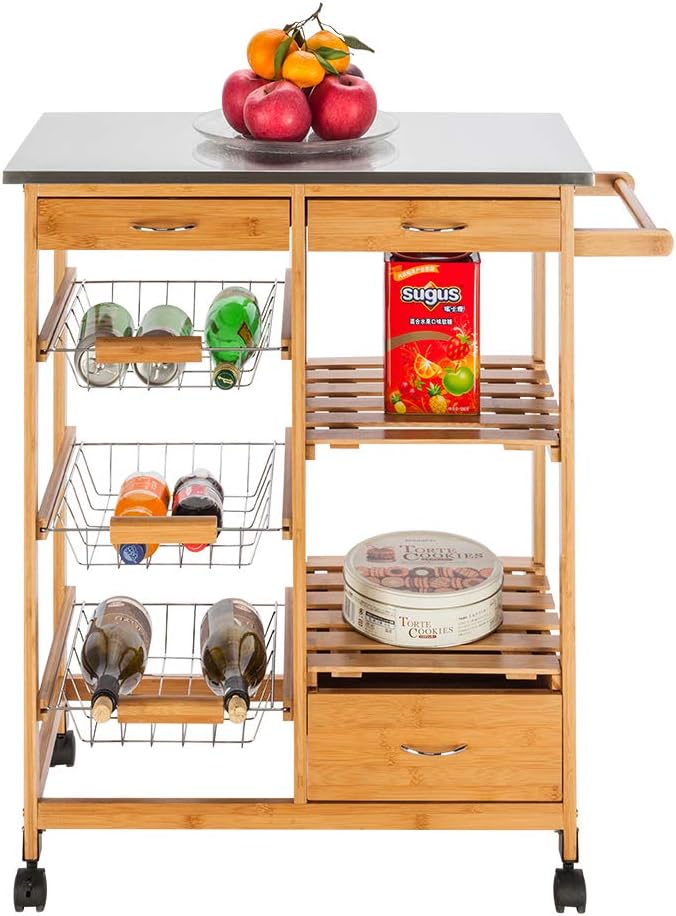 Rolling Wood Kitchen Cart with 2 Drawers and 2 Shelves O398